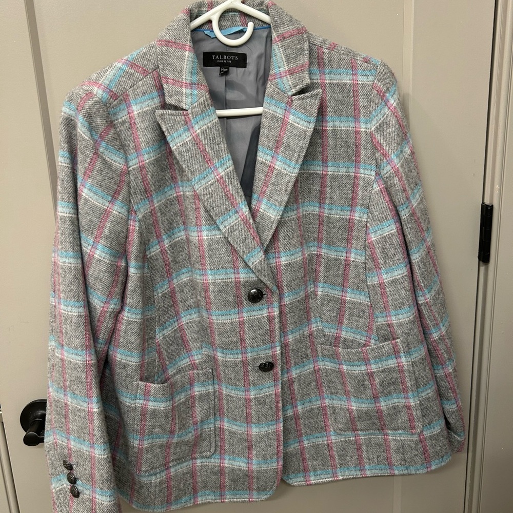 Talbots Women's Gray Blazer with Pink and Blue Plaid